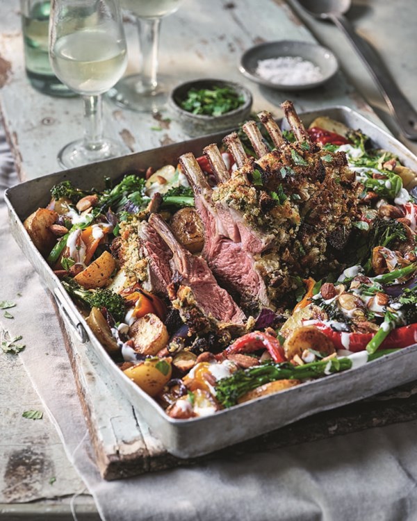 Rack of lamb, potato and pepper tray roast with smoked almonds