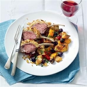 Rack of lamb with an olive crust and peperonata salad