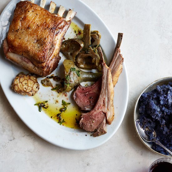 Rack of lamb with artichokes, purple potatoes, and licorice