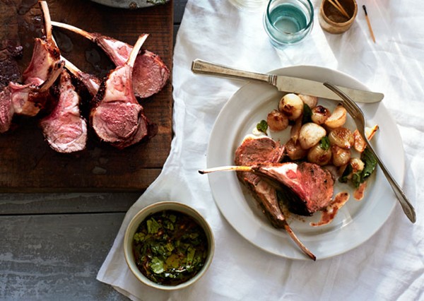 Rack of lamb with baby turnips and mint salsa verde