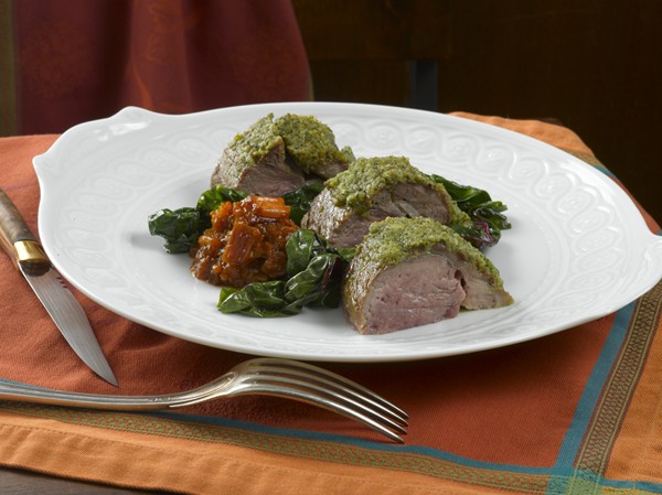 Rack of lamb with garlic butter and Swiss chard