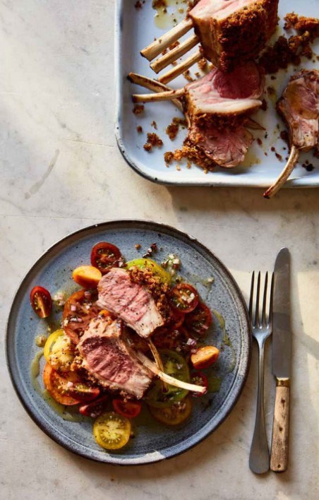Rack of lamb with Kankankan crust and heritage tomato salad