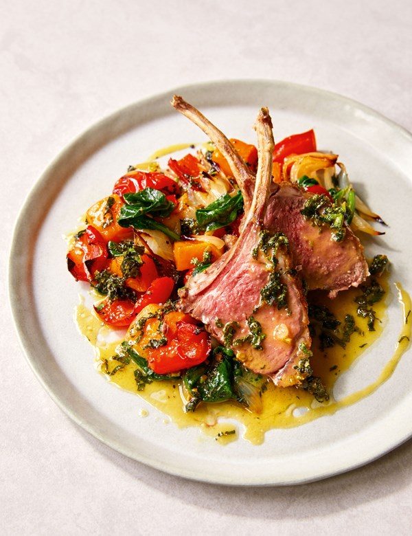 Rack of lamb with roasted vegetables and mint dressing