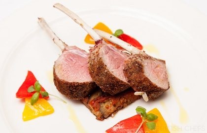 Rack of lamb with shony seaweed crust, aubergine byaldi and confit peppers