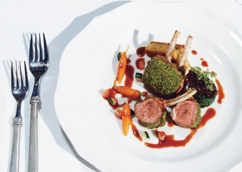 Rack of lamb with tapenade jus and onion jam