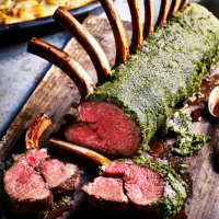 Rack of venison with soft-herb crust and juniper jus