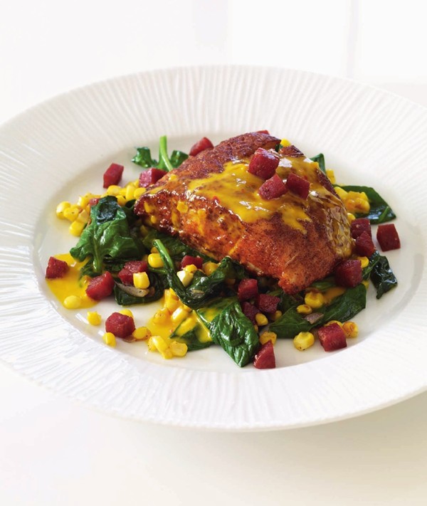Radhika's sambar-crusted butterfish with chorizo and corn