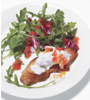 Radicchio and arugula salad with roasted pepper dressing and burrata crostini