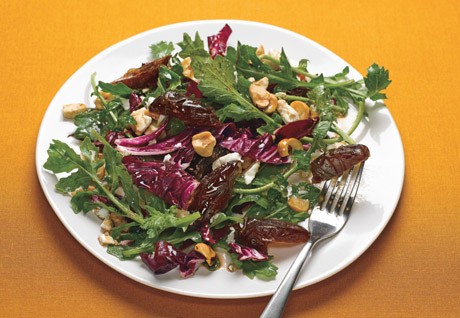 Radicchio and arugula salad with dates, hazelnuts, and feta
