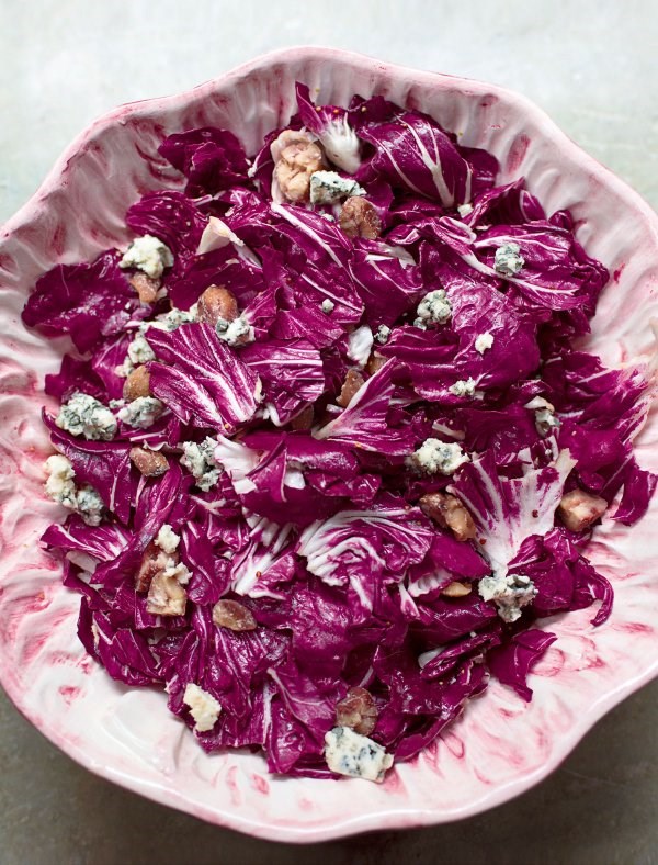 Radicchio, chestnut and blue cheese salad with a citrus, grain mustard and honey dressing