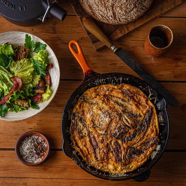 Radicchio frittata with warm bacon salad
