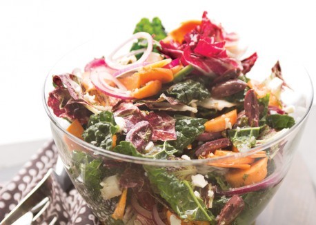 Radicchio, kale, and persimmon Greek salad