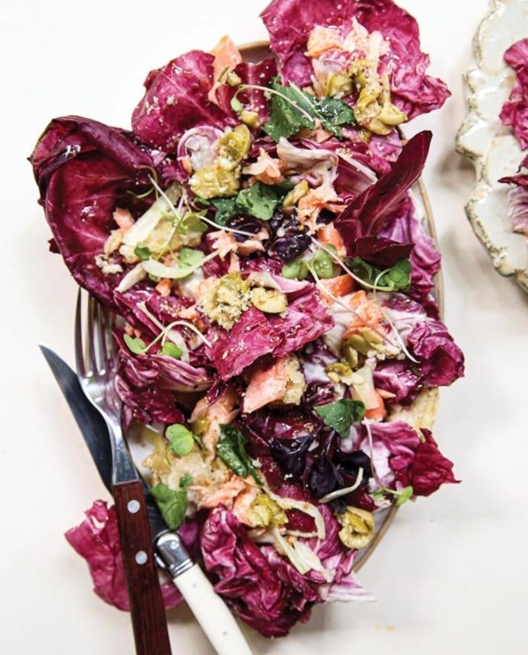 Radicchio panzanella with roasted salmon + fennel + crushed olive dressing 
