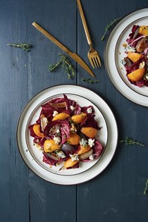 Radicchio, peach, and roasted shallot salad with blue cheese