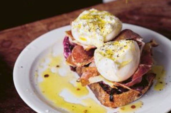 Radicchio, prosciutto, pear and burrata bruschetta