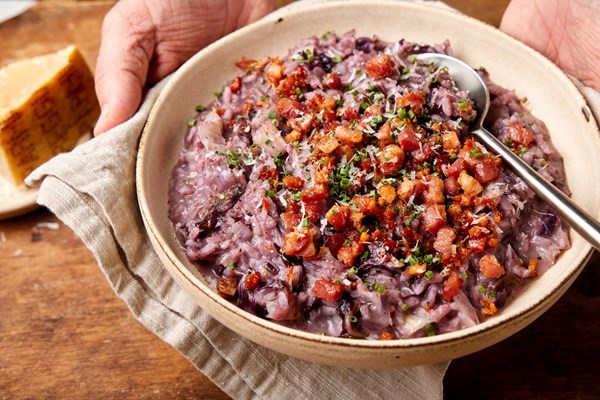Radicchio-red wine risotto with pancetta