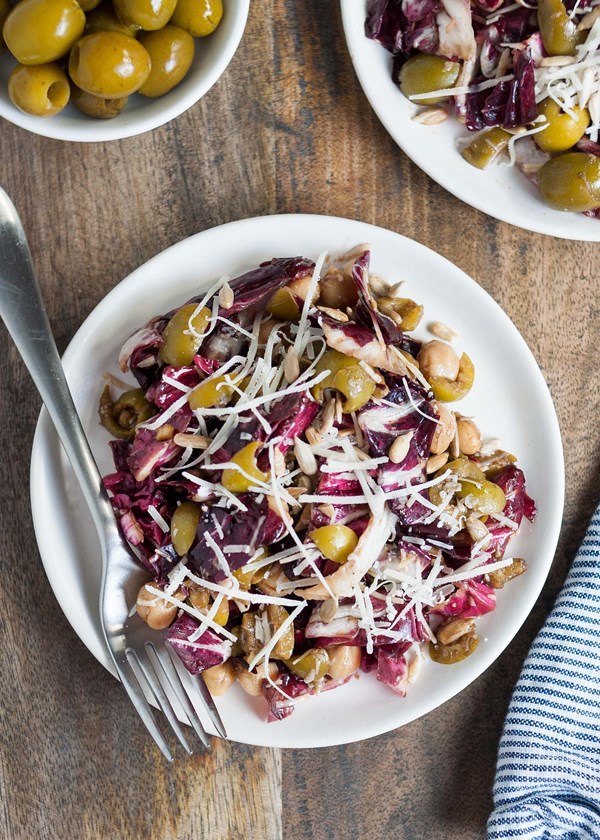 Radicchio salad with green olives, chickpeas, and Parmesan