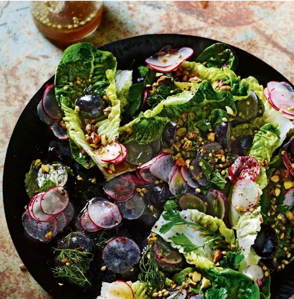Radish & black grape salad with soft herbs & pistachio