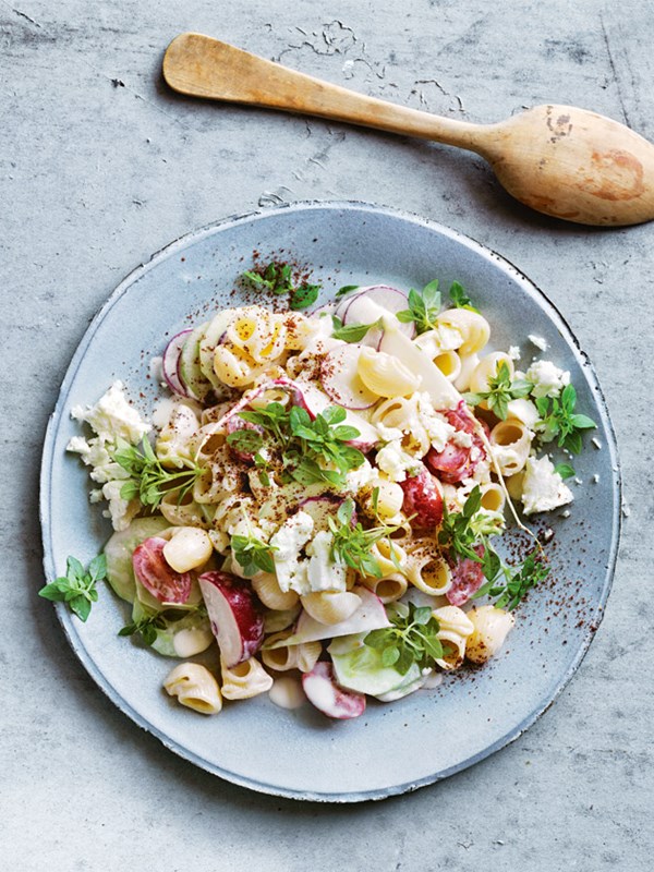 Radish and feta pasta salad with yoghurt dressing