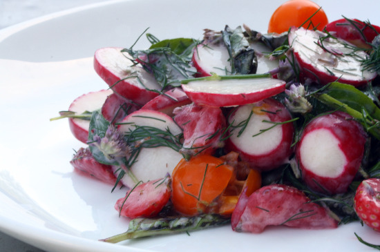 Radish and herb salad with sungold tomatoes and strawberries