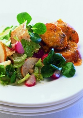Radish and pear salad with toasted Shropshire blue cheese