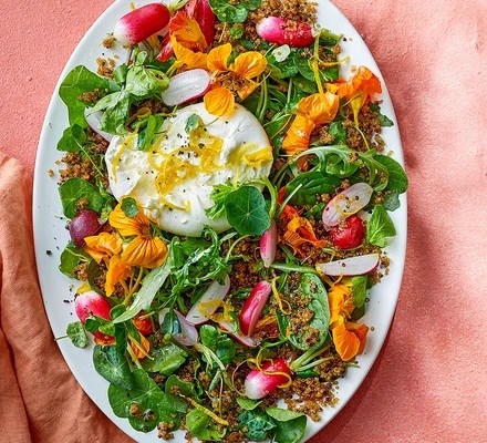 Radish, burrata & nasturtium flower salad with crispy quinoa