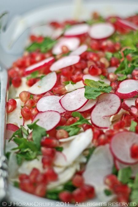 Radish, celeriac & pecorino salad with truffle oil & pomegranate