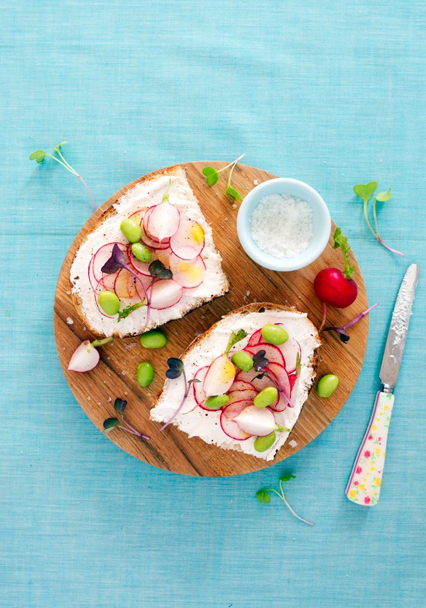 Radish, edamame, and goat cheese tartines with fleur de sel