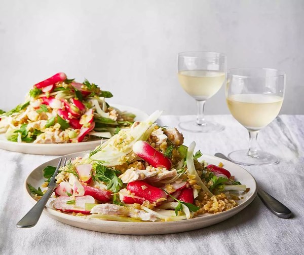 Radish, freekeh & chicken salad