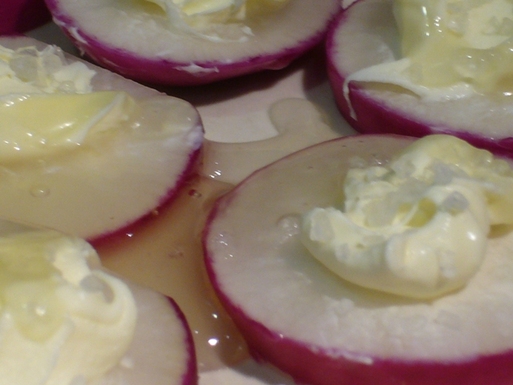 Radish, mascarpone, honey, salt