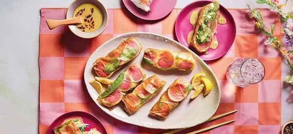 Radish pea pod spring rolls [lemon-ginger dipping sauce]