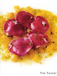 Radish ravioli with yellow tomato sauce