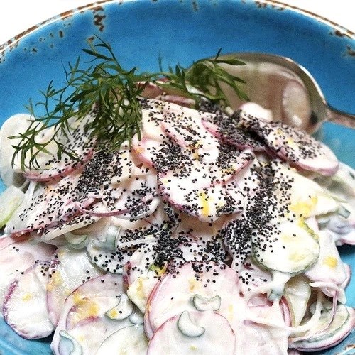 Radish salad with blue poppy seed dressing