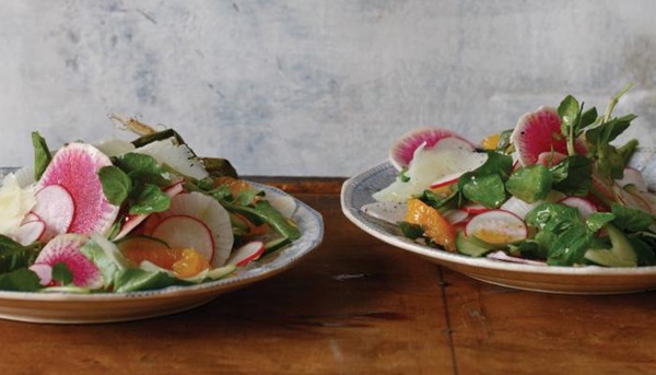 Radish salad with cucumber, watercress, orange segments, and sheep's milk cheese (Rettichsalat)