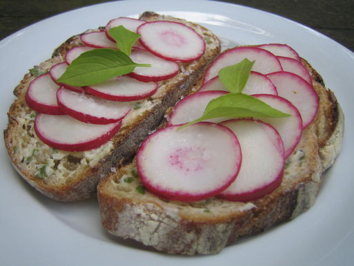 Radish toasts with lemon basil butter