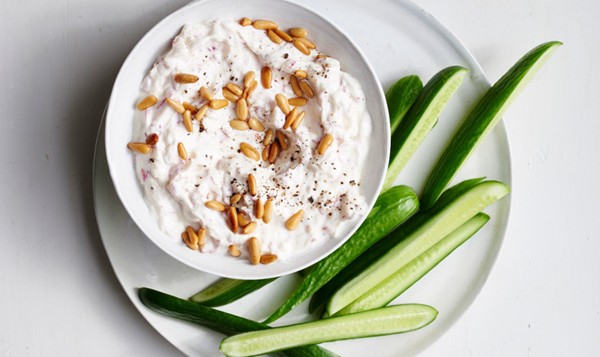 Radish yogurt with pine nuts