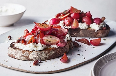 Radishes & pancetta on ricotta toast