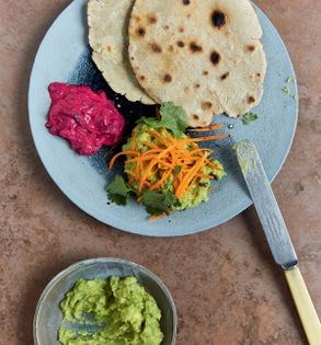 Ragi roti with miso and avocado butter