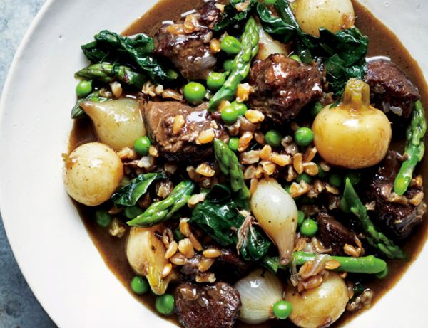Ragout of lamb and spring vegetables with farro