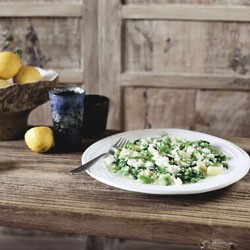 Ragout of rice, vegetables and feta with egg and lemon sauce