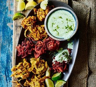 Rainbow bhajis with coriander cream 