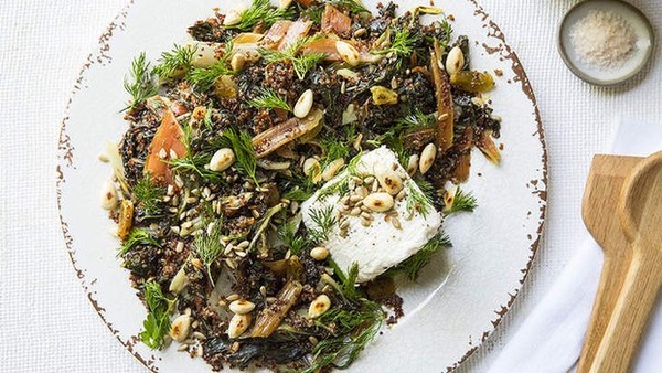 Rainbow chard and quinoa salad with sultanas, sunflower seeds and ricotta