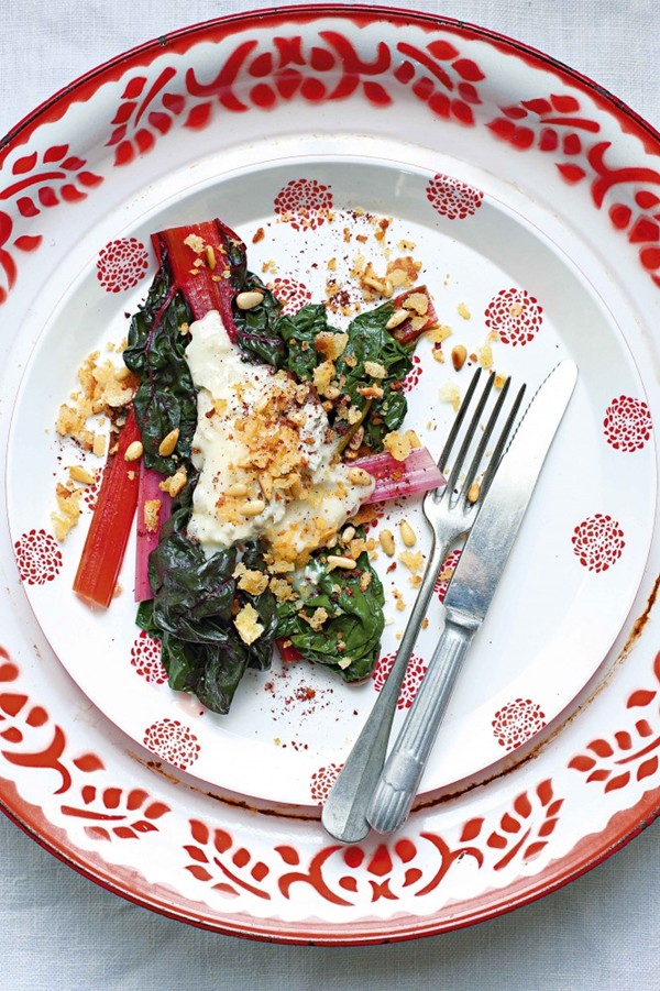 Rainbow chard with melted Gorgonzola dolce and pine nut migas