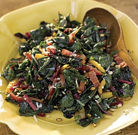 Rainbow chard with pine nuts, Parmesan, and basil