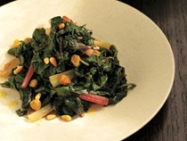 Rainbow chard with raisins, pine nuts, and serrano ham