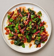 Rainbow chard with tomatoes and green olives