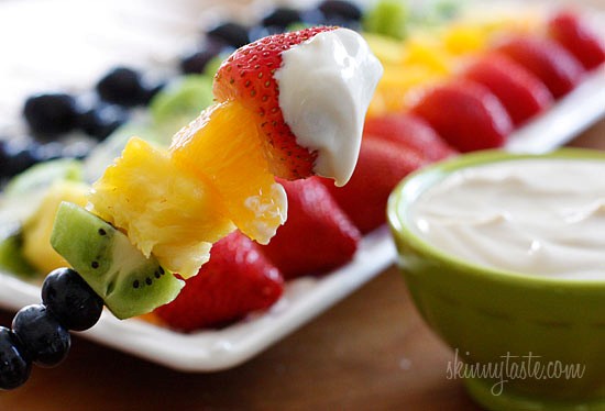 Rainbow fruit skewers with yogurt fruit dip