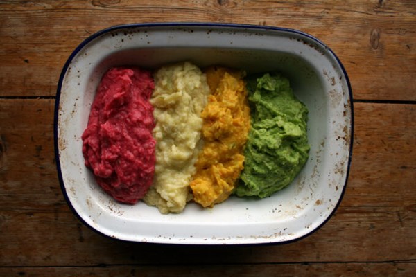 Rainbow mash [cheesy cauliflower mash, green mash, red mash, orange mash]