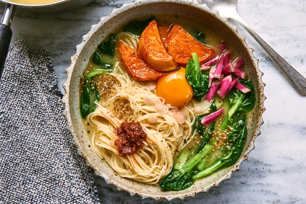 Rainbow noodle bowl with garlicky-gingery broth