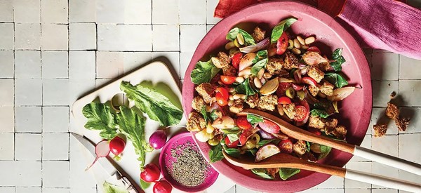 Rainbow radish panzanella 